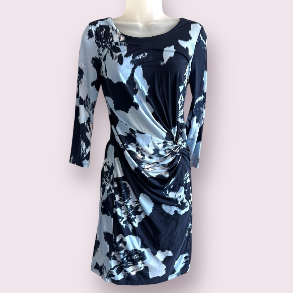 INC International Concepts Blue Ruched Abstract Dress 3/4 Sleeve S - Picture 3 of 9